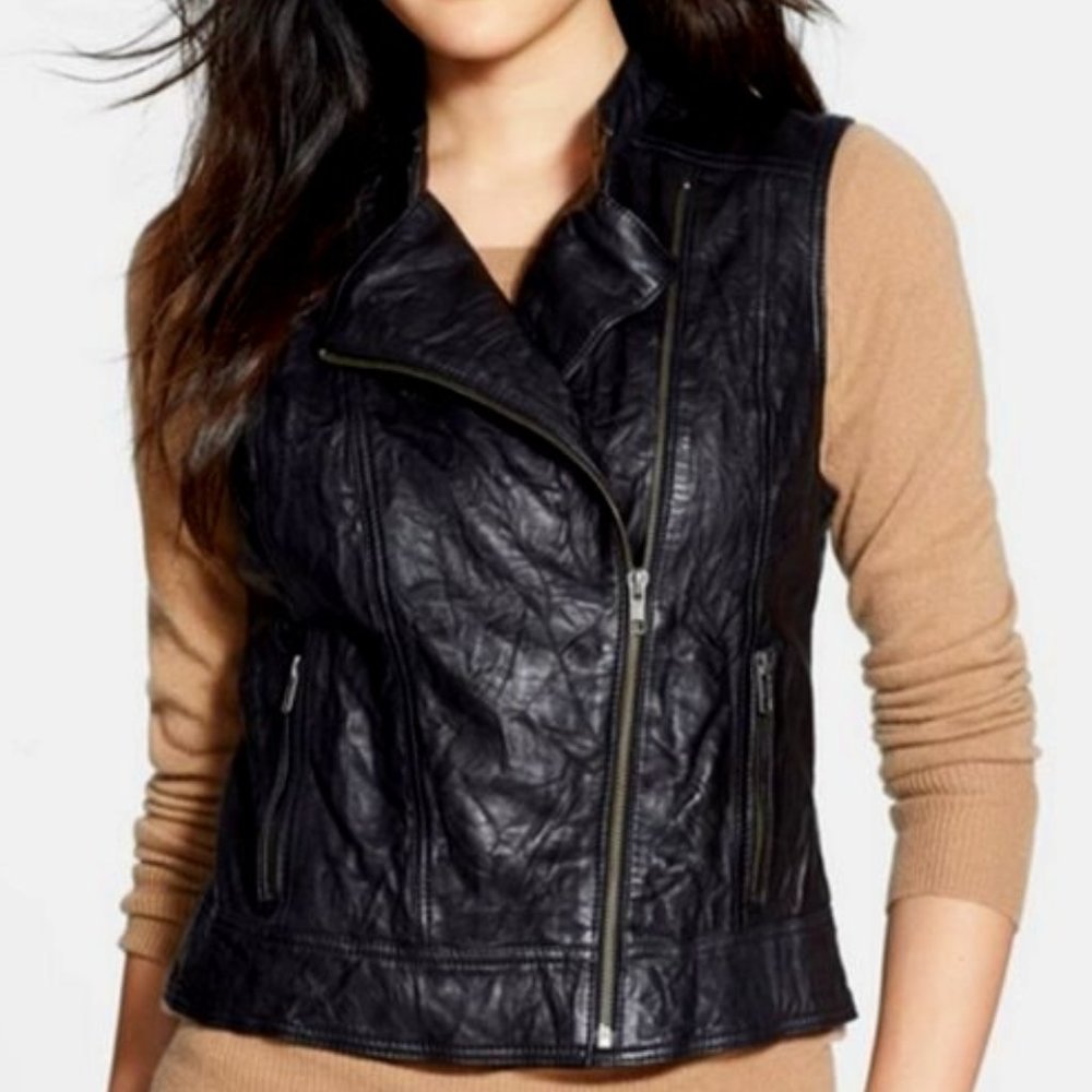 New Halogen Genuine Leather Vest Jacket Black